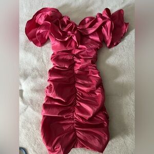 Oh Polly Satin Fuchsia Ruffle Ruched Mini Dress